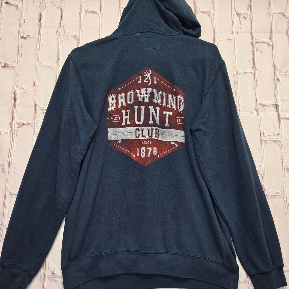 Browning Gun Hoodie Navy Hunt Club Graphic Deer Logo Pullover Sweatshirt Mens L